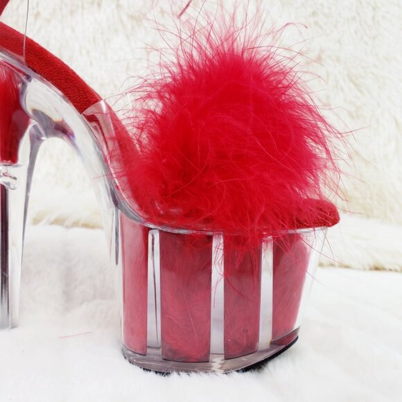 Red Furry Marabou Feather 7" High Heel Platform Shoe - Picture 14 of 15